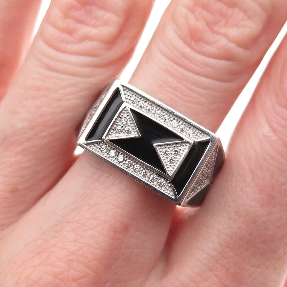 925 Sterling Silver Black Enamel & Round-Cut C Z Geometric Ring Size 11.25